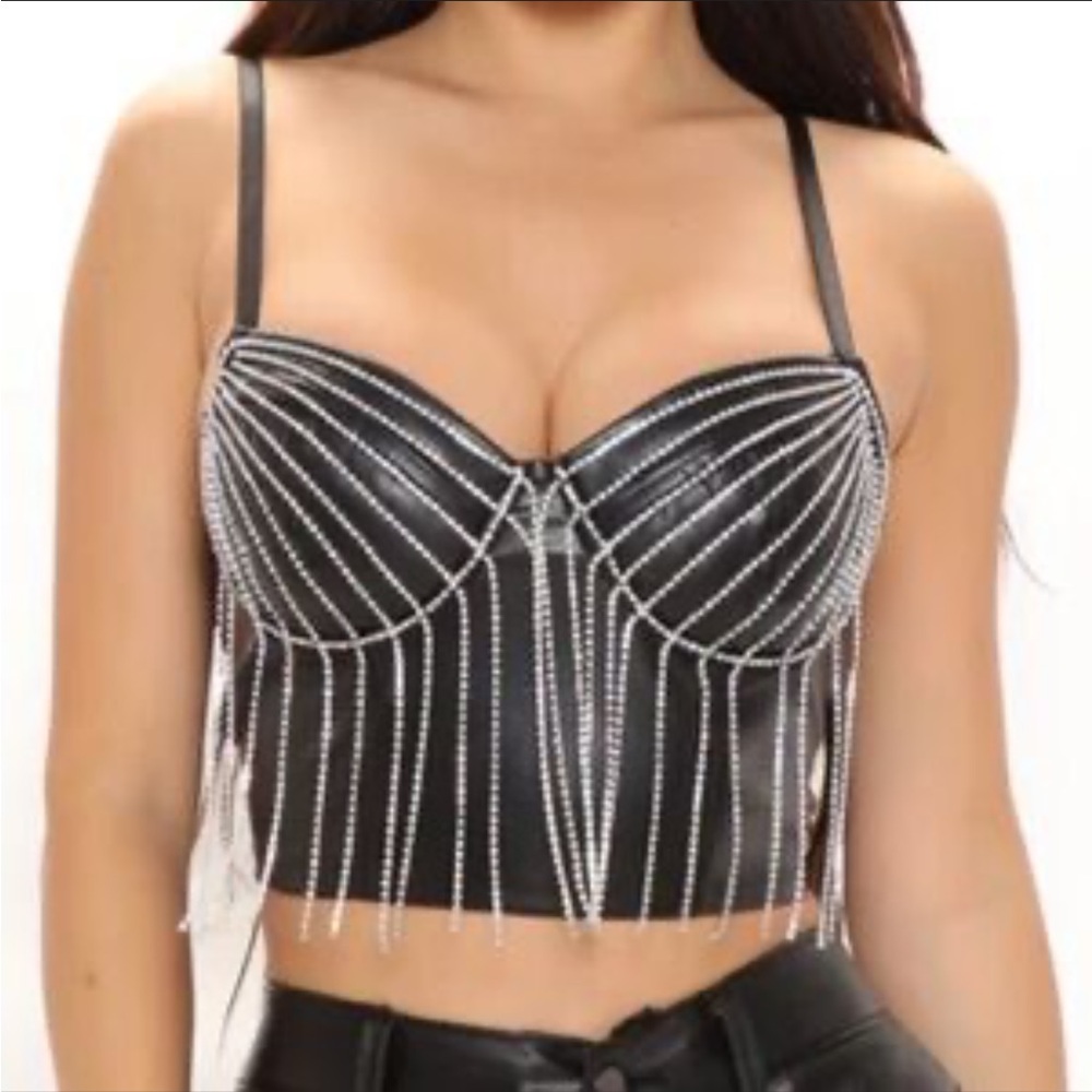 Blashe Black Faux Leather Rhinestone Crop Top